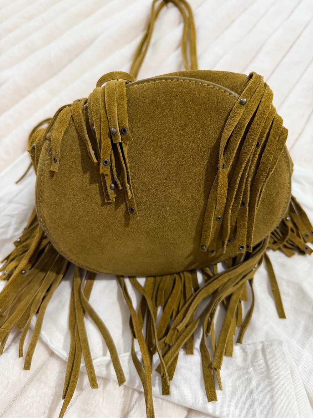 Olive Suede( genuine leather)Fringe Bucket Bag - Women - Picture 8 of 12